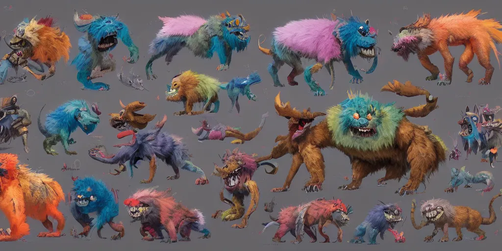 Image similar to big friendly furry monster design, colorful, character sheet, concept design, greg rutkowski, zabrocki, karlkka, jayison devadas, trending on artstation, 8 k, ultra wide angle, zenith view, pincushion lens effect