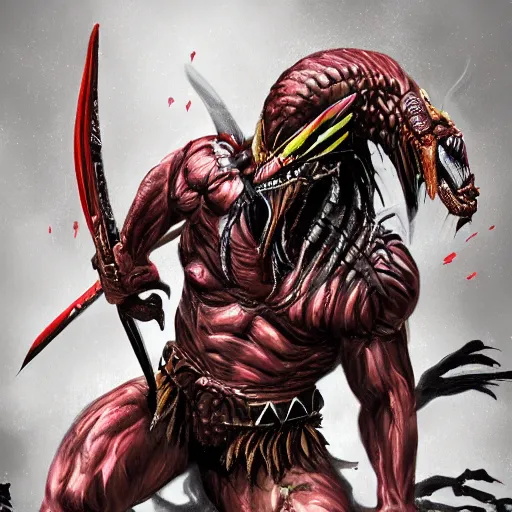 Image similar to digital paint of The Predator in ancient Japan, trending on Artstation, hyperdetailed