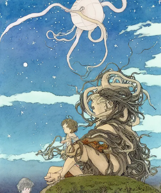 Prompt: a hyperrealist studio ghibli watercolor fantasy concept art. in the foreground is a giant long haired grey squid sitting in lotus position on top of stonehenge with shooting stars all over the sky in the background. by rebecca guay, michael kaluta, charles vess