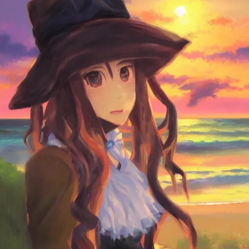 Image similar to Beautiful portrait of Kirisame Marisa from the Touhou project at the beach at sunset, touhou project official artwork, danbooru, oil painting by Antoine Blanchard, sold at an auction, oil on canvas , wide strokes, pastel colors, soft lighting