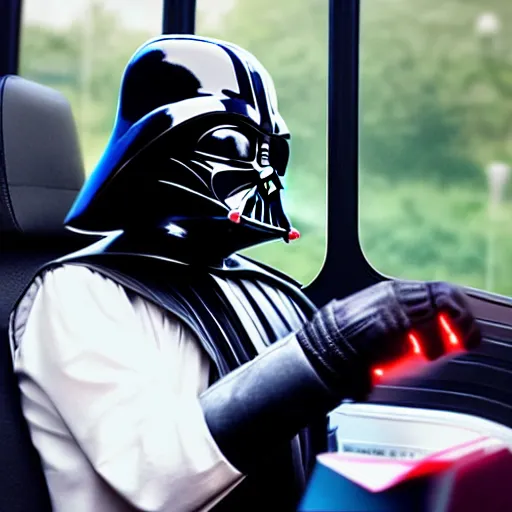 Image similar to 8 k photo darth vader using ticket on a bus