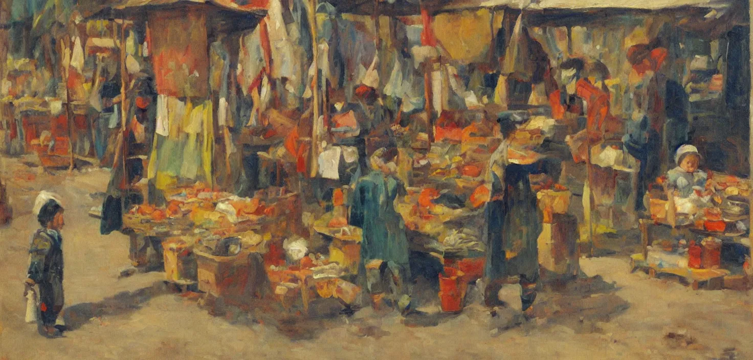 Image similar to oil painting of a young child running a market stall, small elongated planes, representation with abstraction, frenetic oil painting, values as flat shapes