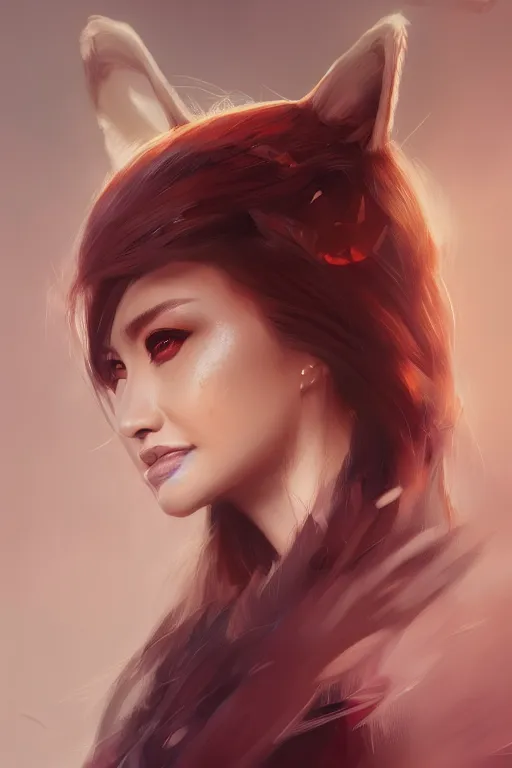 Image similar to a detailed portrait of a beautiful woman with ( red panda ) features, in professional makeup, dramatic lighting, by artgerm, ross tran, greg rutkowski, 4 k, trending on artstation