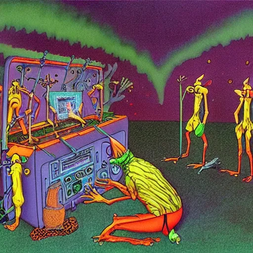 Image similar to dmt hallucination, machine elves, gary larson, far side