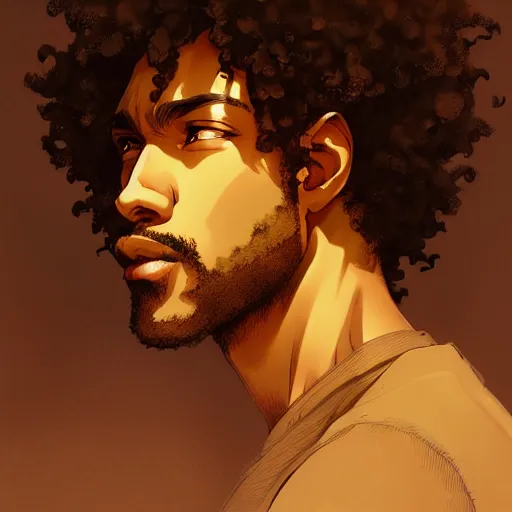 Prompt: Portrait of man with curly short hair and brown skin, atmospheric lighting, intricate detail, cgsociety, ambient light, dynamic lighting, anime style by Yusuke Kozaki