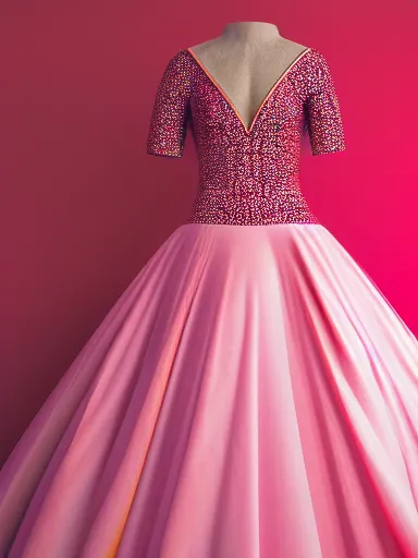 Prompt: studio photograph of a beautiful dress, pink and red color scheme, vivid colors, photorealist, 4 k