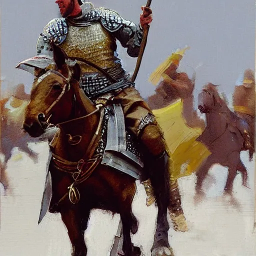 Image similar to man on horseback, wearing chainmail and gambeson, medieval joust by greg manchess, bernie fuchs, walter everett, lost edges