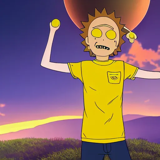 Prompt: portrait of real life morty smith wearing yellow t - shirt. photo realism. dramatic lighting. alien planet background. 4 k