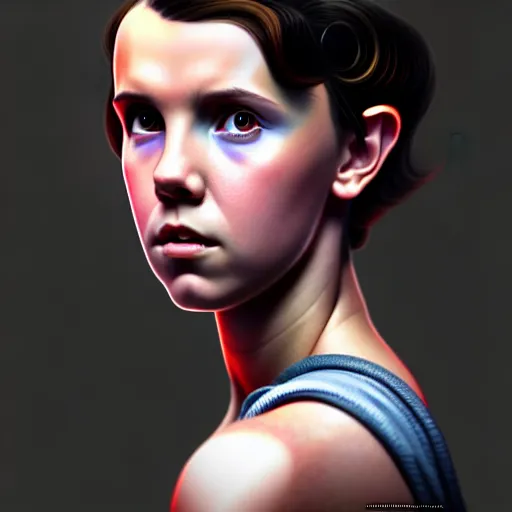 Image similar to beautiful digital painting millie bobby brown the evil dead with high detail, 8 k, stunning detail, photo by artgerm, greg rutkowski and alphonse mucha, unreal engine 5, 4 k uhd