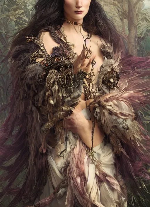 Prompt: real photoshoot goddess of death, wearing a feathered cloak and a fancy silk floral dress, ornate, ultra realistic, concept art, intricate details, eerie, highly detailed, photorealistic, octane render, 8 k, unreal engine. art by artgerm and greg rutkowski and charlie bowater and magali villeneuve and alphonse mucha