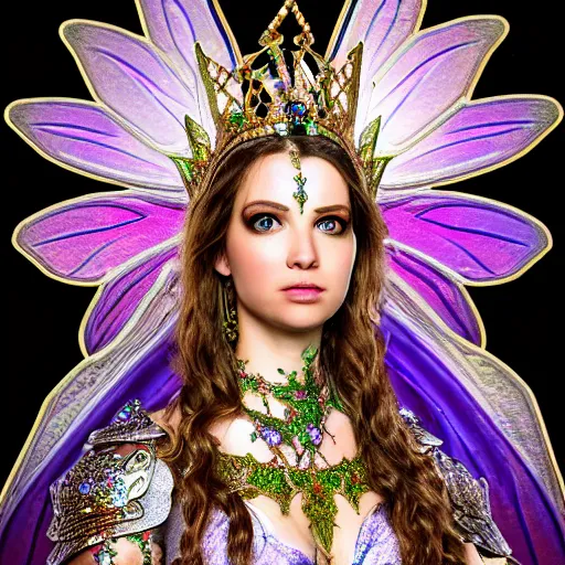 Image similar to photo of a beautiful fairy queen with ornate bejewelled armour, highly detailed, 4k, HDR,