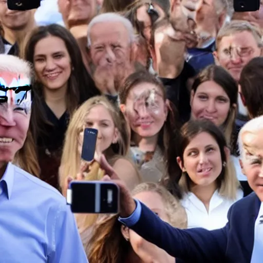 Prompt: joe biden taking a selfie whilest looking at the camera with a confused glance and a crowd of people behind him.