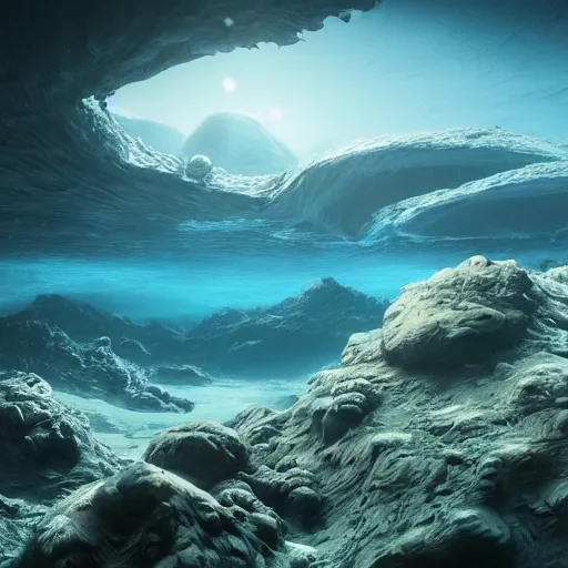 Image similar to vanishing perspective underwater view of the alien landscape on the ocean bed, deep blue ocean color, some plant life, alien landscape, cinematic perspective, cinematic lighting, matte painting, detailed, sci - fi, hdr, 4 k, artstation