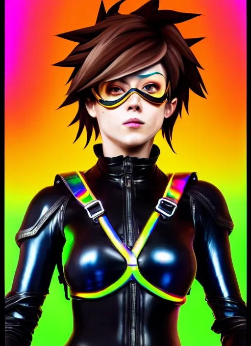 Image similar to oil painting digital artwork of tracer overwatch, confident pose, wearing black iridescent rainbow latex, 4 k, expressive happy smug expression, makeup, in style of mark arian, wearing leather collar, wearing sleek full body armor, black leather harness, expressive detailed face and eyes,