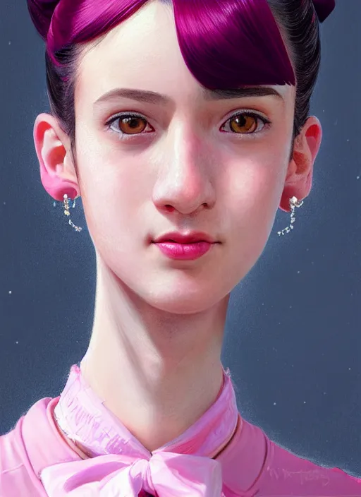 Image similar to portrait of high school girl, realistic, black hair, bangs, half updo hairstyle, pointy nose, skinny, smile, ugly, defined jawline, big chin, pink hair bow, earrings, intricate, elegant, glowing lights, highly detailed, digital painting, artstation, sharp focus, illustration, art by wlop, mars ravelo and greg rutkowski