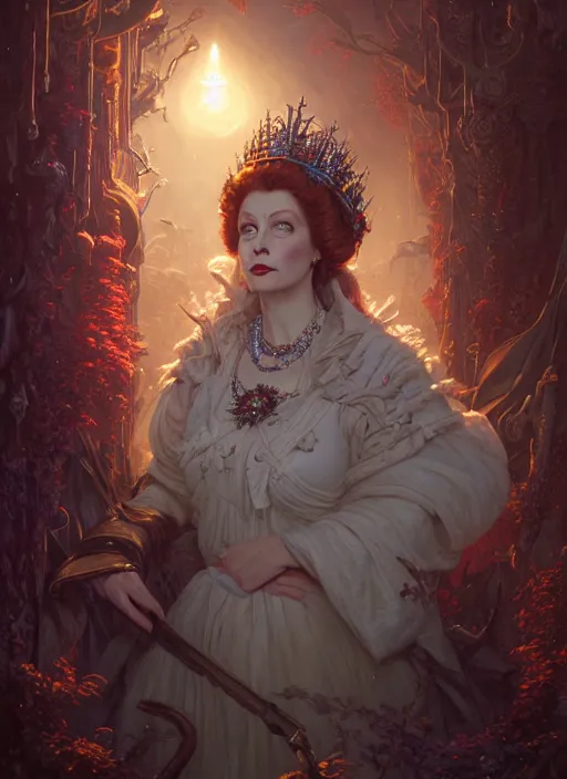 Prompt: Highly detailed portrait of Undead queen elizabeth, Stephen Bliss, unreal engine, fantasy art by Greg Rutkowski, Loish, Rhads, ferdinand knab, Makoto Shinkai and Lois van baarle, ilya kuvshinov, rossdraws, Tom Bagshaw, alphonse mucha, global illumination, radiant light, detailed and intricate environment