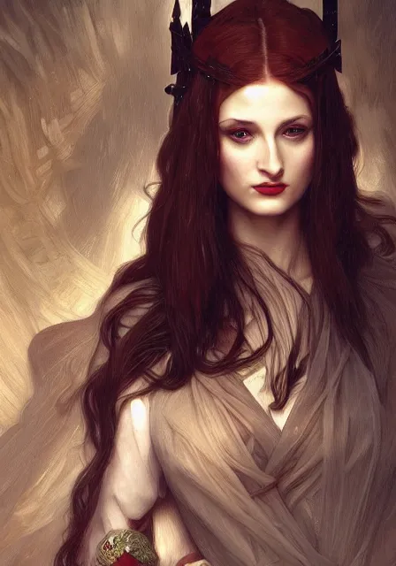 Image similar to sansa angeline jolie gessica chastain vampire teeth, intricate, elegant, highly detailed, digital painting, artstation, concept art, smooth, sharp focus, illustration, art by artgerm and greg rutkowski and alphonse mucha and william - adolphe bouguereau