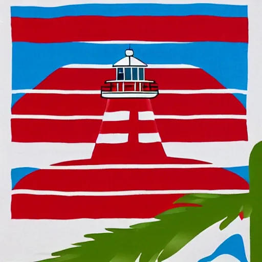 Prompt: a tricolour linen flag depicting a lighthouse that is made of white stone on a small coral island surrounded by ocean, flat graphic design