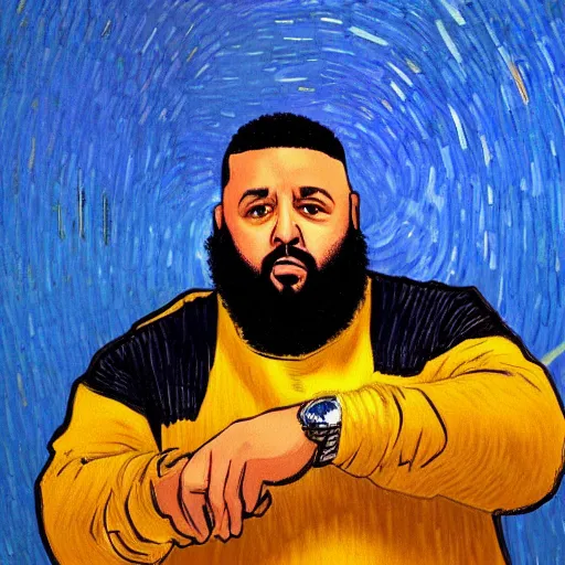 Image similar to ultra realistic portrait of dj khaled in a studio, ultra detailed, under blue, red and yellow cinematic lighting, by van gogh, cartoon