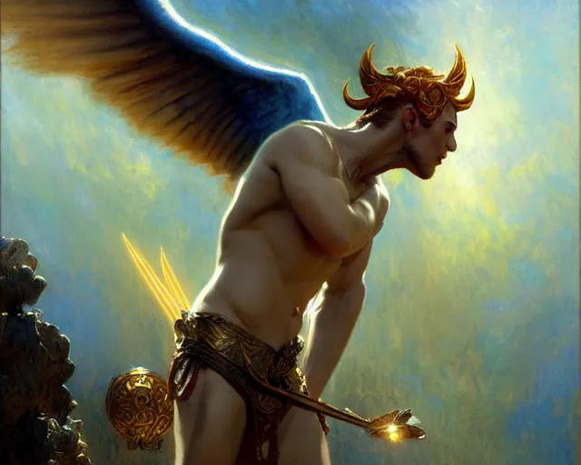 Image similar to attractive pagan male deity, summons handsome lucifer morning star. highly detailed painting by gaston bussiere, craig mullins, j. c. leyendecker 8 k