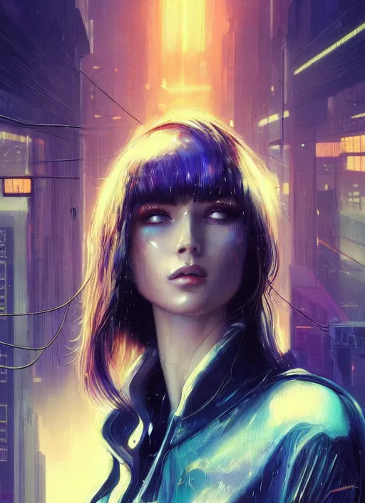 Image similar to beautiful young woman, gorgeous face, sad eyes, tears, bladerunner city landscape, cybernetic, wires, technology, vaporwave aesthetic, synthwave, cyberpunk, colorful, intricate, elegant, highly detailed, digital painting, artstation, concept art, smooth, sharp focus, illustration, art by artgerm and greg rutkowski and alphonse mucha