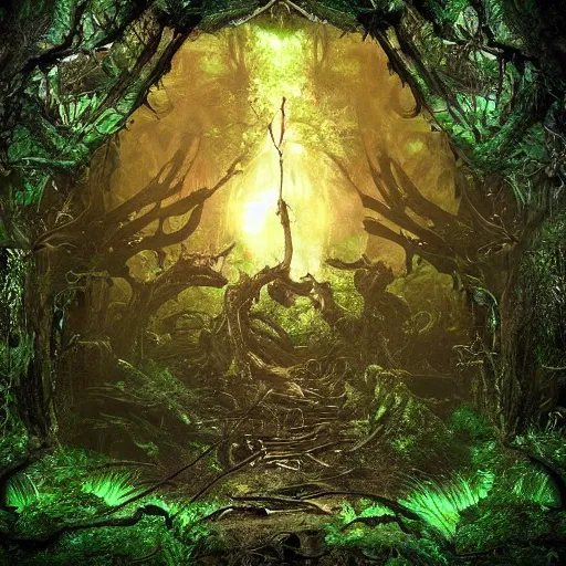 Image similar to horrific portal to hades embedded in a creepy tree in a densely overgrown, magical jungle, fantasy, dreamlike sunraise, ultra realistic, atmospheric, stopped in time, epic