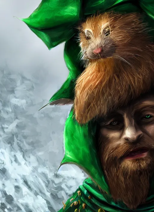 Prompt: humanoid rat with beard, serious, mean eyes, wearing jewelry, tricorne hat, green robe, d & d, digital art, detailed face, highly detailed, trending on artstation, 4 k, sea in the background