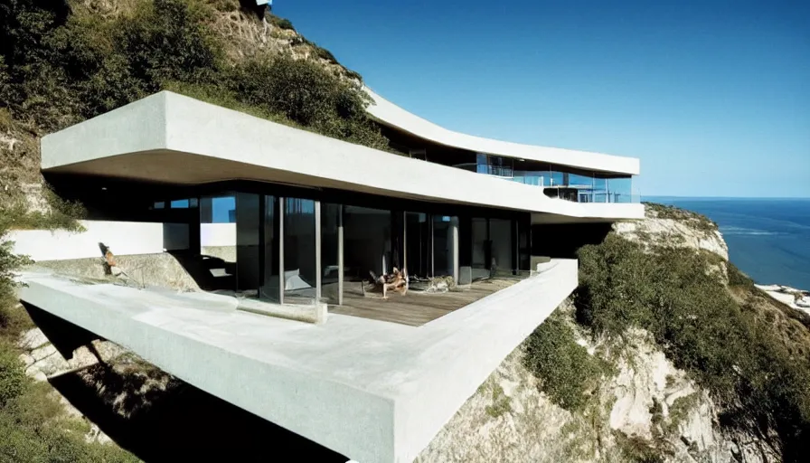 Image similar to modern house perched on a cliff overlooking a magnificient bay, drawing architecture, pritzker architecture prize, greig fraser