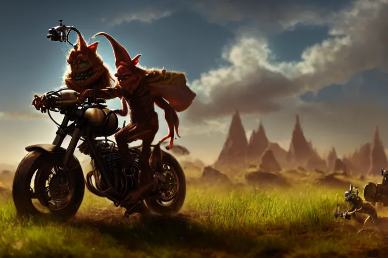 Image similar to A goblin riding a steampunk motorcycle on a dirt road in a meadow, volumetric light, studio lighting, hyperdetailed, artstation, cgsociety, 8k