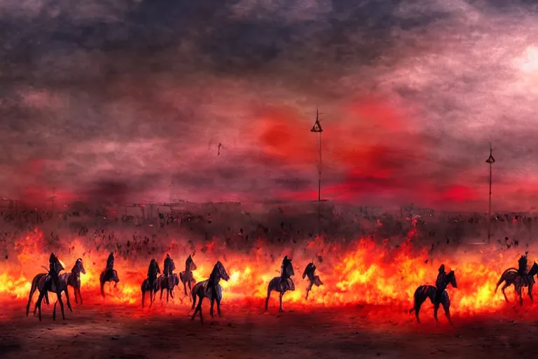 Image similar to karbala battle field, imam hussain, horses and people panicked, red cloudy sky, tents on fire, women running away, photo realistic painting