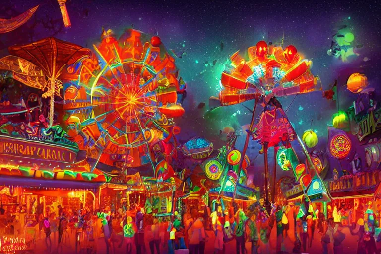 Image similar to a night carnival in a dreamworld, night, dark background, glowing lights, beautiful lighting, highly detailed digital art, trending in behance.