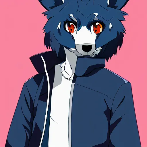 Image similar to key anime visual portrait of an anthropomorphic anthro wolf fursona, in a jacket, with handsome eyes, official modern anime art