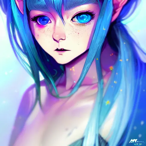 Image similar to art championship winner trending on artstation portrait of a goddess elven mecha warrior princess, head and shoulders, blue hair, matte print, pastel neon, cinematic highlights, lighting, digital art, cute freckles, digital painting, fan art, elegant, pixiv, by Ilya Kuvshinov, daily deviation, IAMAG, illustration collection aaaa updated watched premiere edition commission ✨✨✨ whilst watching fabulous artwork \ exactly your latest completed artwork discusses upon featured announces recommend achievement