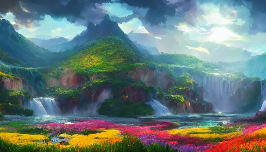 Prompt: Wide view of colorful flowered mountains with waterfalls, lake, plains, villages, sunlight, clouds, volumetric light, hyperdetailed, artstation, cgsociety, 8k