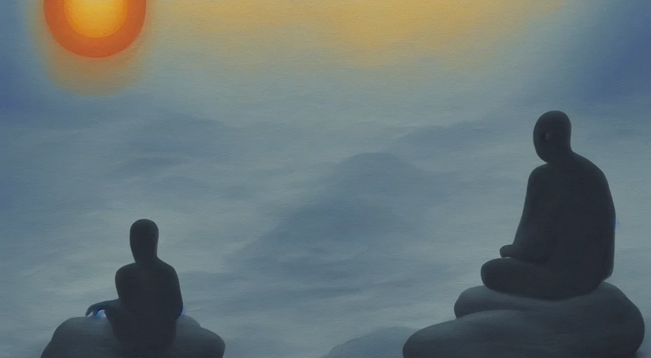 Image similar to alex grey painted style a lonely silhouette of a meditating monk sitting in the fog on a stone protruding from the water in the rays of the morning sun