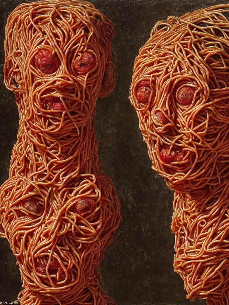 Image similar to a boy made of spaghetti and tomato, looking into camera, screaming in pain, by giuseppe arcimboldo and ambrosius benson, renaissance, intricate and intense oil paint, a touch of beksinski and hr giger and edward munch, realistic