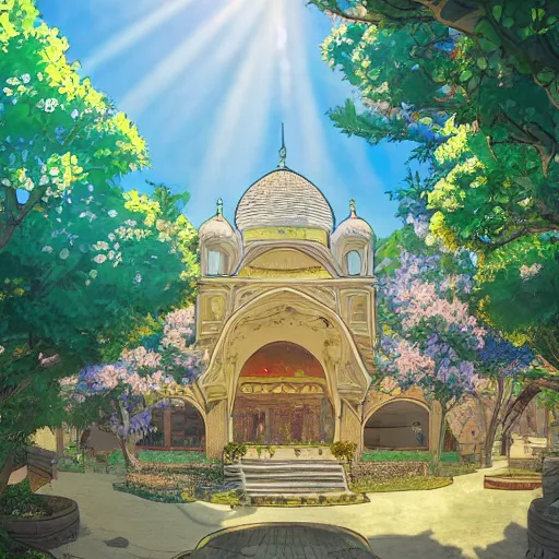 Prompt: a beautiful hyperdetailed illustration of absolutely beautiful blooming flower masjid alone, perfectly shaded, sun rays, natural light, golden hour, style of studio ghibli,