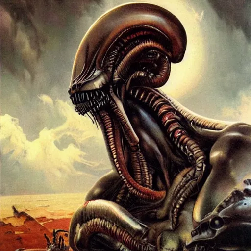 Image similar to ultra realistic portrait painting of a xenomorph, art by frank frazetta, vintage levi ’ s ad, stormy weather, dark vibes, 4 k, ultra realistic, highly detailed, epic lighting