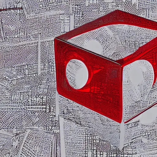 Prompt: chrome spheres on a red cube, photocopy