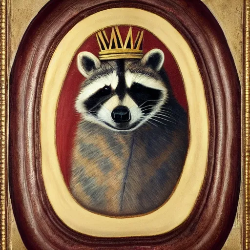 Image similar to a renaissance style portrait oil painting of a raccoon wearing a crown and a cape, dark background