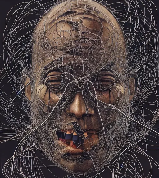 Prompt: portrait, nightmare anomalies, cables and wires by dariusz zawadzki, kenneth blom, mental alchemy, james jean, pablo amaringo, naudline pierre, contemporary art, hyper detailed