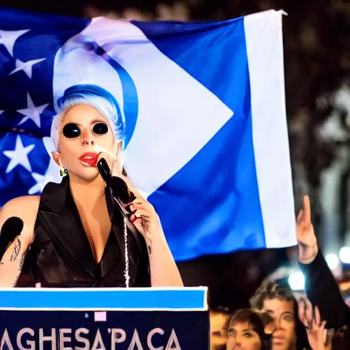 Image similar to Lady Gaga as president, Argentina presidential rally, Argentine flags behind, bokeh, giving a speech, detailed face, Argentina