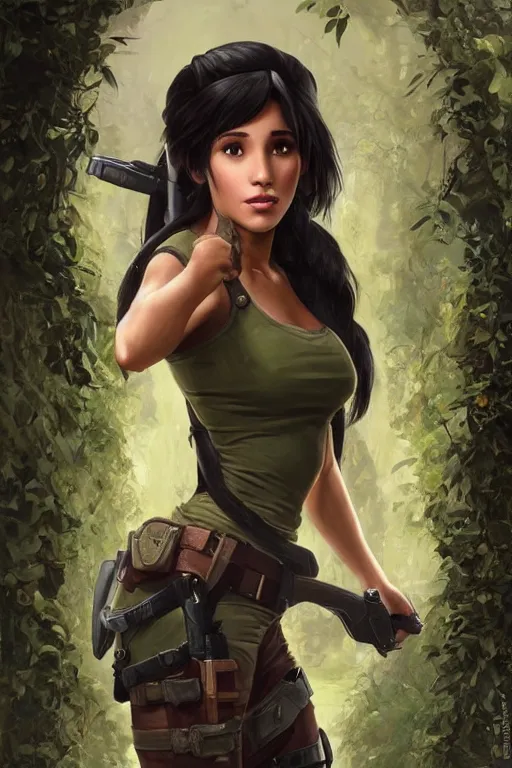 Prompt: beautiful cottagecore Ariana Grande as laura croft, Black Hair, tomb raider, intricate, elegant, highly detailed, digital painting, artstation, concept art, smooth, sharp, focus, illustration, art by artgerm and greg rutkowski and alphonse mucha