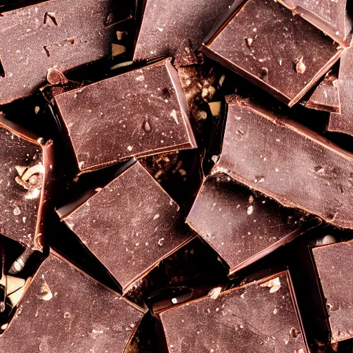 Image similar to pieces of dark chocolate on a wooden cutting board, dramatic cool, close up, dslr photo