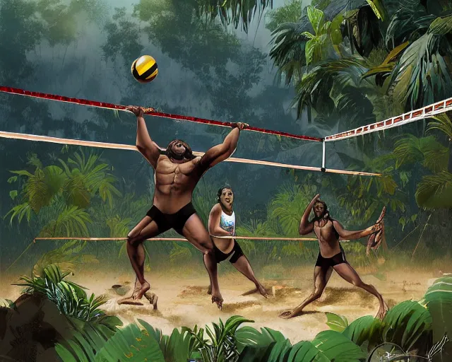 Image similar to gorillas playing volleyball in a jungle with a volleyball, volleyball net, digital illustration, inspired by greg rutkowski and artgerm, high detail