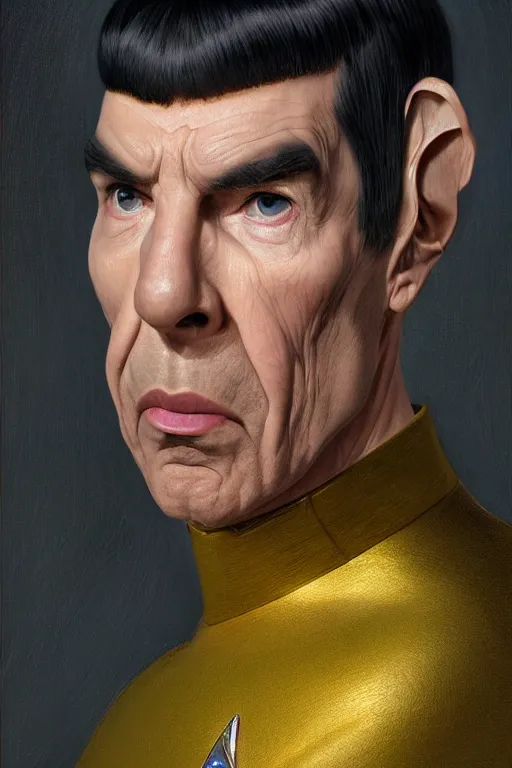 Image similar to photorealistic portrait photograph of spock as a glorious regal space king, sleek outfit, upper body, fantasy, handsome, depth of field, soft focus, highly detailed, intricate, realistic, national geographic cover, soft glow, textured, artstation, concept art, sharp focus, illustration, art by artgerm and greg rutkowski and alphonse mucha