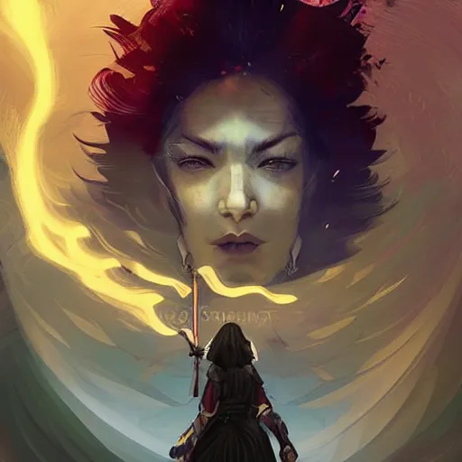 Prompt: a female mage wields the hanged man tarot card, dark fantasy background, Apex Legends character digital illustration portrait gorgeous lighting, wide angle action dynamic portrait, perspective shot, art by Sam Spratt