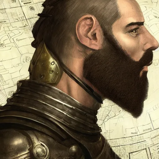 Image similar to Closeup of frustrated male medieval sergeant with a {short} beard wearing a {black!!!! and yellow tabard} over a steel breastplate and a black gambeson looking up from a map on a table, intricate, dramatic lighting illustration by Greg Rutkowski, {perfect face}, {perfect eyes}, ArtStation, digital art, fantasy