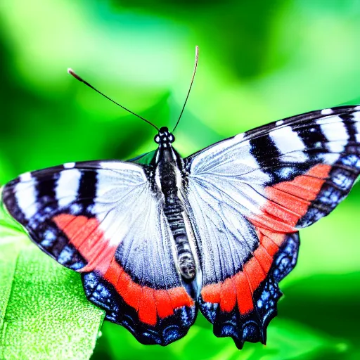 Prompt: a macro photo of a butterfly resting on a leaf in the garden, background bokeh