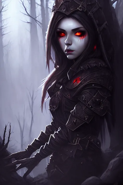 Prompt: Establishing shot, dramatic atmospheric dark forest scenery, girl with vampire-fangs clad in modest hide leather armor, hyperdetailed, symmetrical face, beautiful concept art, artstation, cgsociety, 8k